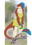 3_toes anthro claws clothing dress eyes_closed feathers feet female grin purse smile solo standing tail talons toes ultraviolet krra dinosaur dromaeosaurid feathered_dinosaur feathered_scalie prehistoric_species reptile scalie theropod utahraptor 2019 hi_res