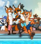 bikini blue_eyes blue_hair boat brown_eyes clothing female fur group hair jumping male orange_body orange_fur swimming_pool swimwear two-piece_swimsuit vehicle watercraft white_body white_fur yellow_eyes ziegelzeig bad_guy_cafe artemis_(smneff) fan_character kiroyal_codjerva_(kiroyal) mia_(smneff) siljan_clawson arctic_fox canid canine fox hybrid mammal procyonid raccoon true_fox hi_res