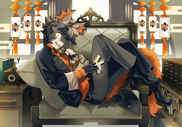 anthro asian_clothing black_body black_fur black_hair braided_hair chinese_clothing clothing ear_piercing ear_ring east_asian_clothing fingerless_gloves fluffy fluffy_tail fur furniture gloves hair handwear inner_ear_fluff lamp lantern male phone_call piercing potion pupils red_body red_fur ring_piercing slit_pupils sofa solo tail tuft futashi arknights hypergryph studio_montagne aak_(arknights) domestic_cat felid feline felis mammal