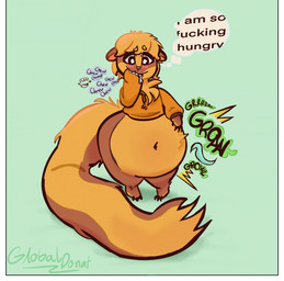 chewing clothing huge_hips huge_thighs hungry jacket long_sleeves male profanity rumbling_stomach text thick_thighs topwear wide_hips globaldonut34 nintendo pokemon generation_7_pokemon pokemon_(species) yungoos english_text hi_res