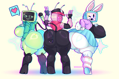 big_breasts big_butt bottomwear breasts butt butt_squish clothed clothed_female clothing electrical_plug_tail electronics female footwear for_a_head gesture group hand_gesture hat headgear headwear heart_symbol hoodie looking_at_viewer looking_back microphone presenting presenting_hindquarters rear_view screen screen_face shoes skirt socks squish tail television topwear trio v_sign mokkat blushcrunch_studio dandy's_world forsaken_(roblox) regretevator roblox the_axolotl_sun melanie_(regretevator) vee_(dandy's_world) veeronica lagomorph mammal object_head screen_head tv_head 2026 3:2 digital_media_(artwork) hi_res