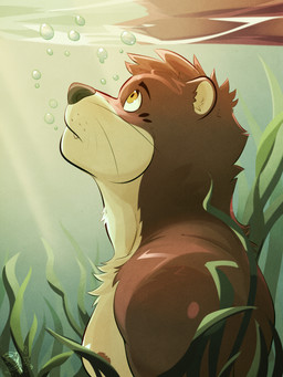 anthro black_nose brown_body brown_fur bubble countershade_face countershade_torso countershading cute_fangs fangs fur head_tuft inner_ear_fluff light light_beam logo looking_up male neck_tuft pecs sea_grass side_view solo sunbeam sunlight tan_body tan_fur tan_inner_ear_fluff teeth tuft underwater water whisker_spots whiskers yellow_eyes ventkazemaru mammal mustelid otter 2025 artist_logo bust_portrait dated hi_res portrait signature