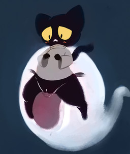 ambiguous_gender anthro blush bottomless clothed clothing cunnilingus duo female female/ambiguous genitals licking oral sex tongue tongue_fetish tongue_out vaginal vulva unknown_artist google google_doodle magic_cat_academy momo_(google) felid ghost mammal spirit