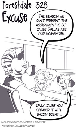 anthro chair desk dialogue eyewear female furniture glasses group hair inside male mohawk office_chair paper ponytail principal speech_bubble table text nauyaco forestdale dallas_burnside_(forestdale) izabell_carroll_(forestdale) canid canine canis domestic_cat domestic_dog equid equine felid feline felis mammal zebra 2025 comic english_text greyscale hi_res monochrome url