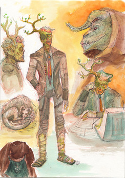 albino ambiguous_gender clawed_hands claws cloak clothed clothing computer curled_up documents duo electronics furniture horn male missing_nose necrosis not_furry paper plant plant_on_head reading sharp_teeth standing suit_and_tie tail teeth torn_clothing tree wearing_cloak leona-florianova fallout microsoft bob_(fallout) goris_(fallout) harold_(fallout) deathclaw humanoid scalie super_mutant_(fallout) english_description hi_res multiple_scenes painting_(artwork) sketch_page watercolor_(artwork) male_(lore)