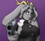 accessory antlers bangs blue_eyes breasts female fur grey_body grey_fur grey_hair gun hair hair_accessory hair_ring handgun horn long_ears m1911 pistol pointing_gun_at_viewer purple_background ranged_weapon side_bangs simple_background solo weapon white_capelet tarimation delet_this pseudoregalia sybil_(pseudoregalia) jackalope lagomorph mammal 2023 digital_media_(artwork) half-length_portrait icon meme portrait