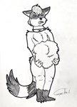 abdominal_bulge anthro anthro_pred clenched_teeth eyes_closed facial_markings fully_inside head_markings larger_pred leg_markings lifting_belly male markings mask_(marking) socks_(marking) stripes teeth vore gyrotech mammal procyonid raccoon absurd_res artist_name hi_res traditional_media_(artwork)