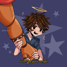 anthro arm_grab band-aid bandage bracelet brown_hair dialogue duo hair halo hand_holding happy jewelry looking_at_viewer machine male not_furry_focus open_mouth open_smile pattern_background simple_background smile sparkles sparkling_character spiked_bracelet spikes star star-shaped_background star_polygon star_symbol teeth text yellow_text zeeowo five_nights_at_freddy's five_nights_at_freddy's:_security_breach scottgames steel_wool_studios glamrock_freddy gregory_(fnaf) animatronic bear human mammal robot 1:1 2022 digital_drawing_(artwork) digital_media_(artwork) english_text hi_res signature