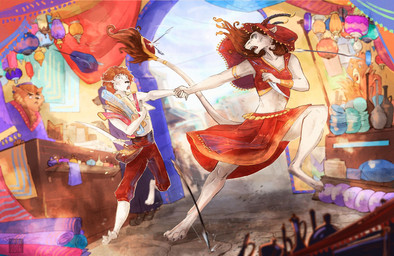 anthro clothed clothing dagger feathers female fur group hair horn male melee_weapon open_mouth standing weapon cki_leru antelope avian bear bird bovid canid canine canis jackal mammal hi_res story story_in_description