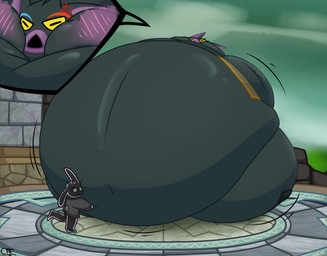 ambiguous_gender annoyed anthro belly big_belly black_body black_fur blush clothing cross-popping_vein duo eye_markings fur hug hugging_belly hyper hyper_inflation inflation male male/ambiguous markings siphon_(anatomy) topwear vest henrique_rick clef_(clefthebunny) fraaz_(tloz) bat demon lagomorph leporid mammal rabbit hi_res nonbinary_(lore)