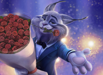 anthro bouquet bow_tie clothing flower jacket male pawpads paws plant rose_(flower) solo suit topwear whiskers askalin disney zootopia pawbert_lynxley canada_lynx felid feline lynx mammal hi_res
