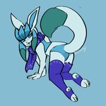 ambiguous_fluids anthro anthrofied blue_background blue_body blue_clothing blue_panties blue_underwear clothing female legwear panties pokemorph scarf simple_background solo stockings underwear bloowolfy nintendo pokemon eeveelution generation_4_pokemon glaceon pokemon_(species) hi_res