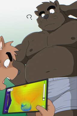 anthro balls belly biped black_body black_fur black_nose brown_body brown_fur clothing duo flaccid fur genitals kemono male micropenis moobs nipples penis question_mark small_penis standing surprised underwear shibatanukiti canid canine canis domestic_dog mammal 2026 hi_res