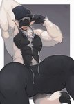 anthro big_bulge black_body black_fur bottomwear bulge clothing collar detailed_bulge fur gold_(metal) gold_tooth hat headgear headwear male nipple_piercing nipples open_mouth pants piercing ring simple_background solo white_body white_fur enro_the_mutt koazy bovid caprine goat mammal 2023 hi_res