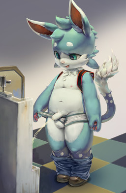 anthro backpack balls bathroom blue_body blue_eyes blue_fur blue_hair bodily_fluids bottomwear bottomwear_down clothed clothing flaccid foreskin fur genital_fluids genitals hair humanoid_genitalia humanoid_penis inside male nipples pants pants_down partially_clothed pawpads paws peeing penis pink_nose pink_pawpads shota simple_background solo standing tongue tongue_out topless underwear urinal urine urine_stream white_balls white_body white_fur young young_anthro cbd mammal absurd_res digital_media_(artwork) hi_res