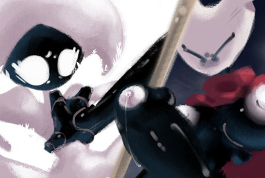 anthro big_breasts big_penis black_breasts black_penis bodily_fluids breasts cloak clothing duo female foreskin genital_fluids genitals gynomorph gynomorph/female intersex intersex/female melee_weapon motion_blur penis precum shove sword weapon white_body eviltqf hollow_knight:_silksong hollow_knight_(franchise) team_cherry hornet_(hollow_knight) lace_(hollow_knight:_silksong) arthropod insect hi_res