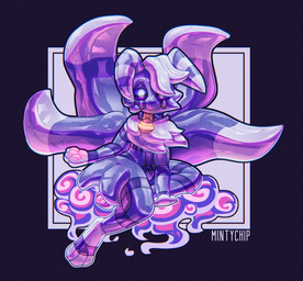 4_tails abstract_background ambiguous_gender anthro bdsm bell big_tail bondage bound cheek_tuft collar dominant facial_tuft feet floating floppy_ears fluffy fluffy_chest gas_mask glistening glistening_body latex looking_at_viewer magic mask multi_tail pawpads pink_pawpads psychic_powers purple_body purple_collar screen screen_face sitting solo tail tuft visor visor_eyes white_feet white_paws mintychipart nintendo pokemon rubbermon animate_inanimate felid feline generation_6_pokemon mammal meowstic pokemon_(species) 2025 digital_drawing_(artwork) digital_media_(artwork) hi_res krita_(artwork) shaded