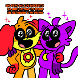 anthro black_eyes collar duo male orange_body purple_body simple_background smile tail text white_background rocketlennon mob_entertainment poppy_playtime smiling_critters catnap_(poppy_playtime) dogday_(poppy_playtime) canid canine canis domestic_cat domestic_dog felid feline felis mammal spanish_text