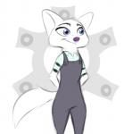 anthro arctic_fox blue_eyes canid canine clothed clothing disney fox fully_clothed fur gokhan16 hands_behind_back head_tuft mammal neck_tuft overalls shirt simple_background skye_(zootopia) solo standing topwear true_fox tuft white_body white_fur zootopia