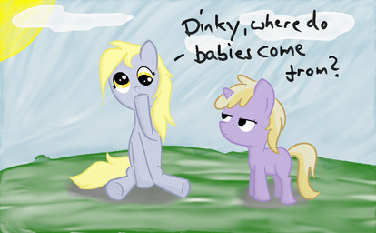 blonde_hair cloud derp_eyes detailed_background duo female feral grey_body hair horn long_hair outside short_hair sitting sky standing sun tail text thinking thoughtful_expression toony unimpressed yellow_eyes young young_feral unknown_artist friendship_is_magic hasbro my_little_pony mythology derpy_hooves_(mlp) dinky_hooves_(mlp) equid equine mammal mythological_creature mythological_equine unicorn cool_colors english_text