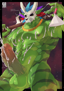 abs anthro balls bodily_fluids bone bone_mask cum cum_covered cum_on_arm cum_on_belly cum_on_body cum_on_chest cum_on_face cum_on_hand cum_on_penis cum_on_self cum_string ejaculation erection erlenmeyer_flask feathered_headdress genital_fluids genitals glans green_body holding_object holding_staff holding_vial humanoid_genitalia humanoid_penis jewelry laboratory_equipment laboratory_glassware logo male mask messy muscular muscular_anthro muscular_male muscular_thighs navel necklace nipples non-mammal_balls nude pecs penis scientific_instrument skull skull_accessory skull_mask solo staff tail text tribal vein veiny_penis vial yellow_eyes monsterplus terraria witch_doctor_(terraria) lihzahrd lizard reptile scalie 2026 absurd_res artist_logo digital_media_(artwork) english_text hi_res portrait three-quarter_portrait
