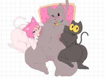 anthro big_breasts big_butt bite black_body black_fur blush body_blush bodysuit breast_play breasts butt cat_tail claws clothing female female/female food fur genitals grey_body grey_fur group huge_breasts nipple_fetish nipple_play nipples nude overweight overweight_female pawpads pink_nipples pupils rainbow skinsuit slit_pupils tail telegram_sticker tight_clothing trio vulva vulva_blush sosohipus google google_doodle magic_cat_academy nyan_cat_(copyright) pop-tarts telegram momo_(google) nekochan nyan_cat felid feline humanoid mammal hi_res meme