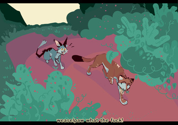 ambiguous_feral ambiguous_gender amputee berry_shrub black_border black_tail_tip blue_body blue_fur border brown_body brown_fur detailed_background dialogue dipstick_tail disability duo fake_screencap feral fur grass leg_scar markings open_mouth open_smile outside plant profanity scar shrub smile tail tail_markings guncht warriors_(book_series) fan_character domestic_cat felid feline felis mammal 2024 letterbox