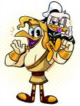 4_fingers anthro beak carrying_another clothed clothing duo eyebrows fingers gesture hand_gesture hat headgear headwear ily_sign looking_at_viewer male on_shoulder open_mouth open_smile raised_eyebrow smile tongue tongue_out yellow_beak lanthart disney ducktales ducktales_(2017) donald_duck storkules anatid anseriform avian bird duck