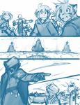 2016 anthro armor blue_and_white cloak clothing comic conditional_dnp crowd explosion felid female flora_(twokinds) fur group hair hood human keidran keiren_(twokinds) male mammal monochrome outside pantherine simple_background sketch teeth tiger tom_fischbach trace_legacy twokinds white_background