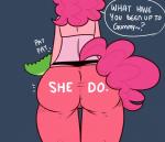 anthro big_butt butt duo female male text somescrub friendship_is_magic hasbro my_little_pony gummy_(mlp) hugtastic_pinkie_pie pinkie_pie_(mlp) alligator alligatorid crocodilian earth_pony equid equine horse mammal pony reptile scalie digital_media_(artwork) english_text hi_res