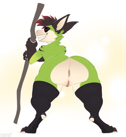 anthro anus big_butt black_body black_fur black_hair butt clothing eyewear eyewear_on_head feet female fingers fur genitals goggles goggles_on_head green_body green_fur hair legwear looking_back mostly_nude mostly_nude_anthro mostly_nude_female rear_view sharp_teeth simple_background smile solo t_dick teeth thigh_highs toes toothy_grin tuft vulva walking_stick weapon white_body white_fur masonparker grey_havens spiral_knights ravvi_(masonparker) gremlin_(spiral_knights) mammal digital_media_(artwork) hi_res