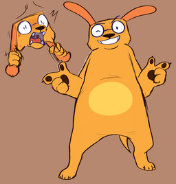 3_toes 4_fingers anthro belly black_claws claws countershade_belly countershading ear_pull emanata eyewear featureless_crotch feet finger_gun fingers floating_eyebrows fur gesture glasses hand_gesture handpads looking_at_viewer male one_eye_closed open_mouth orange_body orange_fur panicking simple_background smile solo tail toes tongue wink winking_at_viewer shummy fetch!_with_ruff_ruffman pbs ruff_ruffman canid canine canis domestic_dog mammal digital_media_(artwork) hi_res
