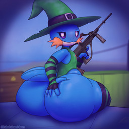 anthro armwear big_butt bottom_heavy bouncing_butt butt butt_grab clothing femboy gun half-closed_eyes hand_on_butt hat headgear headwear holding_object holding_weapon huge_butt legwear leotard looking_at_viewer looking_back male narrowed_eyes pokemorph ranged_weapon rifle seductive shortstack shortstack_male sitting smile solo stockings thick_thighs weapon wide_hips witch_hat blubluumon nintendo pokemon generation_3_pokemon mudkip pokemon_(species) 1:1 2d_animation animated