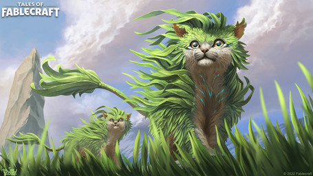 ambiguous_gender cloud duo feral grass green_body looking_up low-angle_view outside plant quadruped standing tail whiskers brian_valeza tales_of_fablecraft elemental_creature felid flora_fauna mammal 16:9 2022 digital_media_(artwork) hi_res official_art widescreen