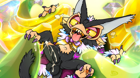 anthro balls banana black_body black_fur bodily_fluids bottomless bottomless_male bow_tie clothed clothing cum cum_on_balls cum_on_penis drooling ear_piercing ear_ring erection food fruit fur fur_coat genital_fluids genitals gold_(metal) gold_piercing gold_tooth golden_clothing male navel outie_navel partially_clothed penis piercing plant red_eyes ring_piercing saliva solo tongue tongue_out yellow_sclera arty_stu donkey_kong_(series) donkey_kong_bananza nintendo void_kong kong mammal primate 16:9 hi_res widescreen