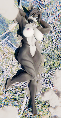 anthro big_breasts black_body black_fur breasts city city_crushing cityscape cloud extreme_size_difference female fur giga looking_at_viewer looking_up looking_up_at_viewer lying macro macro_anthro macro_female nude nude_female on_back scar scars_all_over size_difference smile smiling_at_viewer smirk smirking_at_viewer solo bloomthefurry theblackwolfxx warfaremachine_(modeler) canid canine fox mammal 3d_(artwork) blender_(artwork) digital_media_(artwork) full-length_portrait hi_res portrait