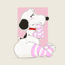 4_fingers anthro armwear belly big_butt black_ears black_eyebrows black_nose blush blush_lines butt clothing collar embarrassed eyebrows femboy fingers fur head_tuft legwear male pattern_armwear pattern_clothing pattern_legwear pattern_thigh_highs pink_armwear pink_clothing pink_legwear pink_thigh_highs red_collar side_view sitting small_tail solo striped_armwear striped_clothing striped_legwear striped_thigh_highs stripes tail thick_thighs thigh_highs tuft white_body white_fur white_stripes katxfish peanuts_(comic) snoopy canid canine canis domestic_dog mammal 2026 absurd_res digital_drawing_(artwork) digital_media_(artwork) hi_res