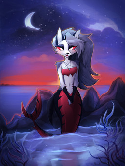 anthro black_body black_eyelids black_eyeshadow black_scales black_tail blush blush_lines breasts cleavage clothed clothing cloud crescent_moon crop_top ear_piercing eyeshadow female fingerless_gloves fur gills gloves grey_body grey_fur grey_hair hair hands_together handwear legless long_hair looking_at_viewer makeup moon multicolored_body multicolored_scales navel neck_gills night notched_ear open_mouth piercing pupils red_body red_gills red_scales red_sclera red_tail rock scales sea shark_tail shirt slit_pupils small_waist solo split_form star tail topwear twilight two_tone_body two_tone_scales two_tone_tail waist_gills water white_body white_eyes white_fur wide_hips akrost hellaverse helluva_boss mythology loona_(helluva_boss) aquatic canid canid_demon canine demon hellhound mammal merfolk mythological_canine mythological_creature 2026 absurd_res hi_res