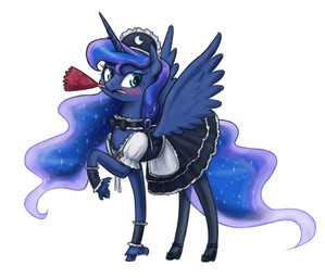 blue_body blue_eyes blue_fur blue_hair blush bow_tie cleaning_tool clothed clothed_feral clothing dress feather_duster feathered_wings feathers female feral fetlocks footwear fur hair high_heels holding_object_in_mouth hooves horn legwear long_hair maid_headdress maid_uniform shoes simple_background solo sparkles sparkling_hair stockings uniform white_background wings king-kakapo friendship_is_magic hasbro my_little_pony mythology princess_luna_(mlp) equid equine mammal mythological_creature mythological_equine winged_unicorn 2016