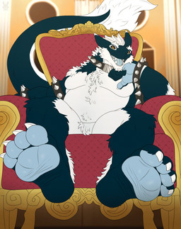 4_toes 5_toes anthro blue_body blue_fur blue_pawpads blue_tongue bracelet chair claws collar feet foot_fetish foot_focus fur furniture horn humanoid_feet jewelry looking_at_viewer male moobs multicolored_body nude open_mouth overweight overweight_anthro overweight_male pawpads paws plantigrade sitting slightly_chubby smile soles solo spiked_bracelet spiked_collar spikes tail tail_tuft teeth throne toe_claws toes tongue tuft white_body white_fur wrinkled_feet wrinkles yellow_eyes flufflecraft sergal absurd_res hi_res