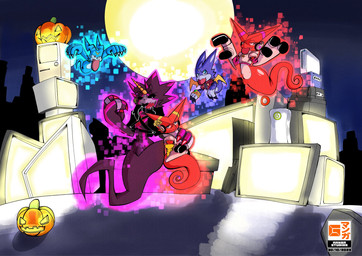 anthro black_body black_sclera blue_body ghost_tail glowing group holidays horn male red_body text gmanga666696 bandai_namco digimon halloween digimon_(species) ghost gulusgammamon gumdramon scalie shoutmon spirit veemon english_text hi_res