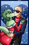 5_fingers anthro bald belt blush bottomwear breast_squish breasts butt christmas_clothing clothing colored_nails detailed_background duo eyes_closed eyewear female female_anthro female_on_human fingers fist fur_trim_(clothing) green_body green_hair green_scales hair hand_on_back hand_on_hip heart_symbol holidays human_on_anthro interspecies jacket kiss_on_lips long_tail low_cut_shirt male male/female male_on_anthro nails obstructed_eyes pants red_nails scales shirt snowflake squish sunglasses tail topwear whinouart cavemanon_studios christmas i_wani_hug_that_gator inco_(iwhtg) olivia_halford baryonyx dinosaur human mammal prehistoric_species reptile scalie spinosaurid theropod colored hi_res