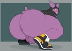 anthro anus backsack balls big_butt bodily_fluids bottomless butt clothed clothing crouching footwear footwear_without_bottomwear furgonomics genitals hairless hoodie long_ears looking_back low-angle_view male overweight overweight_anthro overweight_male perineum plantigrade purple_body raised_heel shoes short_tail sneakers solo sweat sweaty_balls sweaty_butt sweaty_genitalia sweaty_legs tail topwear torn_clothing yellow_eyes conditional_dnp erobos dragon_ball dragon_ball_super nike champa alien domestic_cat felid feline felis hairless_cat mammal sphynx_(cat) absurd_res hi_res