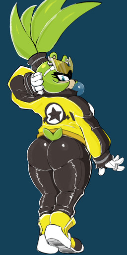 anthro big_butt biped blowing_bubble_gum bottomwear butt clothing ear_piercing female glistening glistening_bottomwear glistening_clothing glistening_pants hair jacket latex looking_at_viewer pants piercing ponytail rear_view solo standing tail thick_thighs tight_bottomwear tight_clothing tight_pants topwear naughtikel idw_publishing sega sonic_riders sonic_the_hedgehog_(comics) sonic_the_hedgehog_(idw) sonic_the_hedgehog_(series) surge_the_tenrec afrosoricid mammal tenrec hi_res tagme