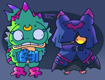 anthro black_body black_fur bodily_fluids cloak clothing cowl duo fur green_body male nervous sweat wings worried yellow_sclera mana-chan bandai_namco digimon digimon_beatbreak chiropmon digimon_(species) gekkomon scalie hi_res