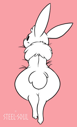 ambiguous_gender big_butt black_eyes butt feral fur looking_at_viewer looking_back looking_back_at_viewer lying neck_tuft on_front simple_background solo thick_thighs tuft white_body white_fur wide_hipped_feral wide_hips shinkaku lagomorph leporid mammal rabbit absurd_res hi_res
