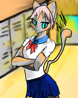 anthro blue_eyes blurred_background bottomwear clothed clothing crossed_arms female fully_clothed fur hair inside locker looking_at_viewer multicolored_body multicolored_fur pink_hair pupils school_uniform shirt skirt slit_pupils smile solo standing tail tail_over_skirt topwear uniform atena01 domestic_cat felid feline felis mammal 4:5 hi_res