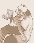 anthro belly book bottomwear clothed clothing cuddling duo female fur holding_book holding_object hug male male/female overweight overweight_anthro overweight_male simple_background sleeping smile stripes tail topwear zzommie dreamworks kung_fu_panda master_po_ping master_tigress bear felid giant_panda mammal pantherine tiger 4:5 digital_media_(artwork) hi_res