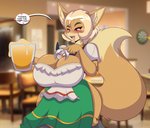 alcohol anthro barmaid beer between_breasts beverage big_breasts blush breasts cleavage clothed clothing duo female heart_symbol male micro open_mouth petting smile speech_bubble tavern text mastergodai shaze canid canine domestic_cat felid feline felis fox mammal