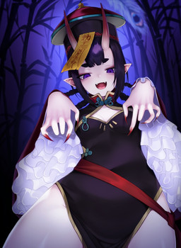 5_fingers asian_clothing black_clothing black_hat black_headwear breasts chinese_clothing chinese_dress clothed clothed_female clothing colored_nails dress east_asian_clothing fangs female fingernails fingers hair hat headgear headwear horn long_fingernails long_hair looking_at_viewer looking_down looking_down_at_viewer medium_breasts nails ofuda open_mouth open_smile purple_background purple_eyes purple_hair red_fingernails red_nails simple_background smile solo talisman teeth ompf asian_mythology east_asian_mythology fate_(series) japanese_mythology mythology type-moon assassin_shuten-douji demon horned_humanoid humanoid oni yokai 2019 hi_res